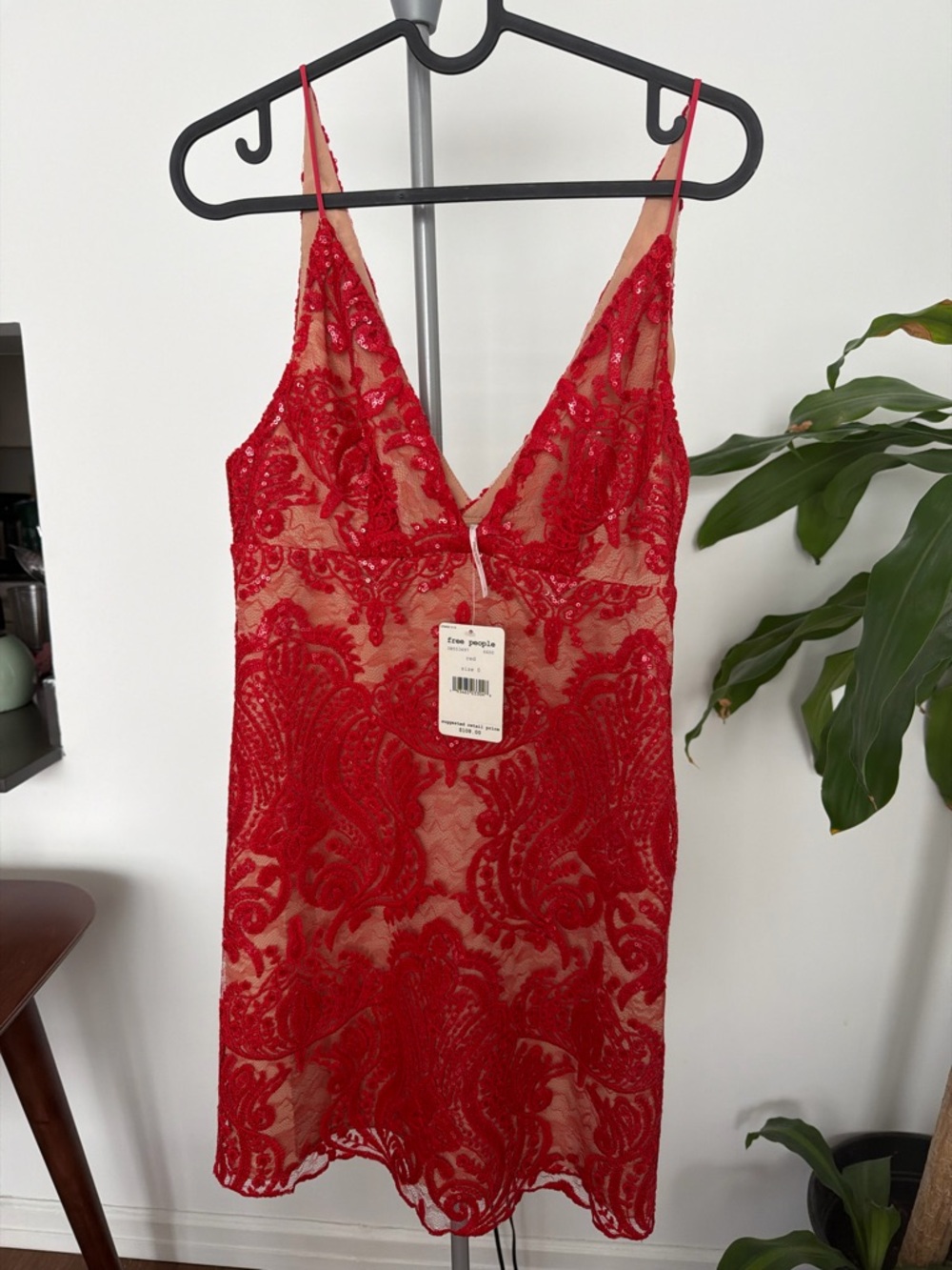NWT Free People Red Lace Sequin Mini Dress with Plunging V-Neck